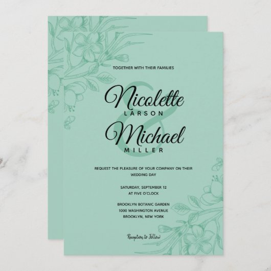 Mint Green Floral Wedding Kaart (Voorkant / Achterkant)