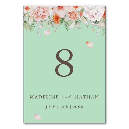 Mint Green Floral Wedding Table Number Kaart (Voorkant)