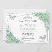 Mint Green Floral Zilver Quinceanera XV Sweet 16 Save The Date (Voorkant)