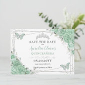 Mint Green Floral Zilver Quinceanera XV Sweet 16 Save The Date (Staand voorkant)