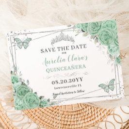 Mint Green Floral Zilver Quinceanera XV Sweet 16 Save The Date