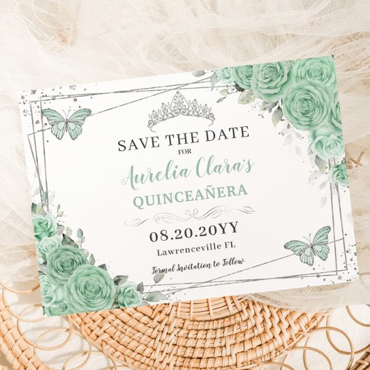 Mint Green Floral Zilver Quinceanera XV Sweet 16 Save The Date