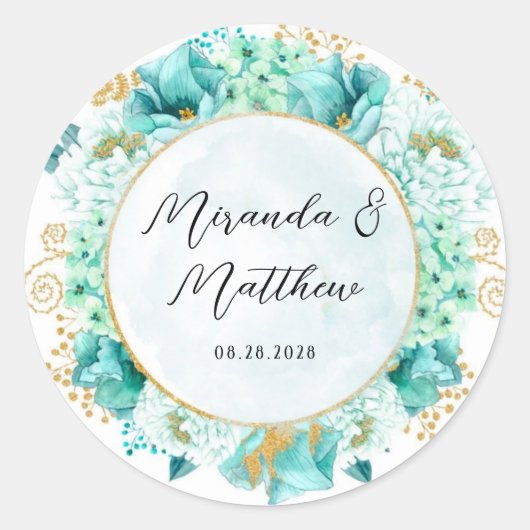 Mint Green Florals en Gold Foliage Wedding Ronde Sticker (Voorkant)