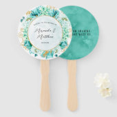 Mint Green Florals Gold Foliage Weddenschap Hartel Handwaaier (Voorkant en achterkant)