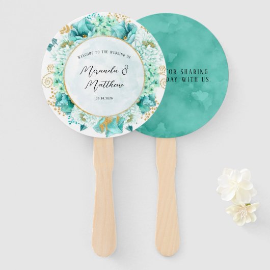Mint Green Florals Gold Foliage Weddenschap Hartel Handwaaier (Voorkant en achterkant)