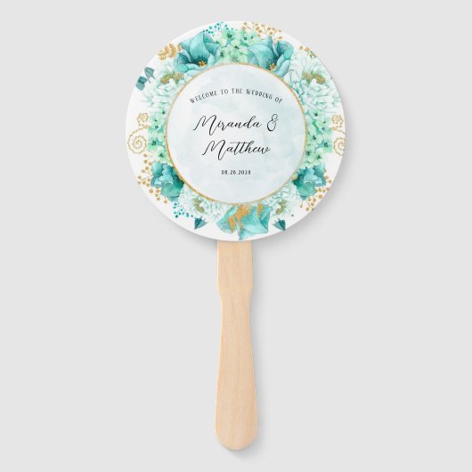 Mint Green Florals Gold Foliage Weddenschap Hartel Handwaaier (Voorkant)