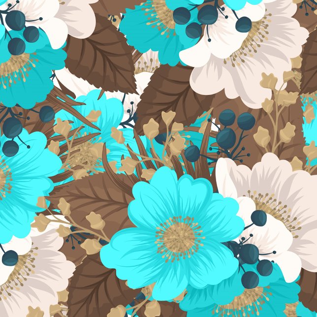 Mint Green Flower Kussen (The pattern features a mix of turquoise and cream-colored flowers and brown leaves.)