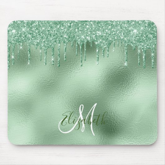 Mint Green Folie Glitter Drip Personalized Monogra Muismat (Voorkant)