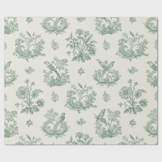 Mint Green French Country Birds and Floral Toile 4 Cadeaupapier (Vlak)