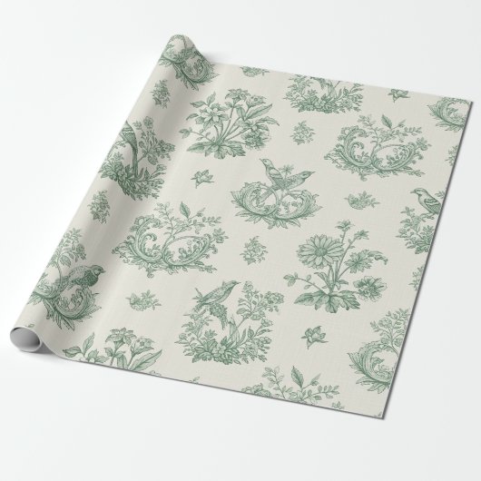 Mint Green French Country Birds and Floral Toile 4 Cadeaupapier (Uitgerold)