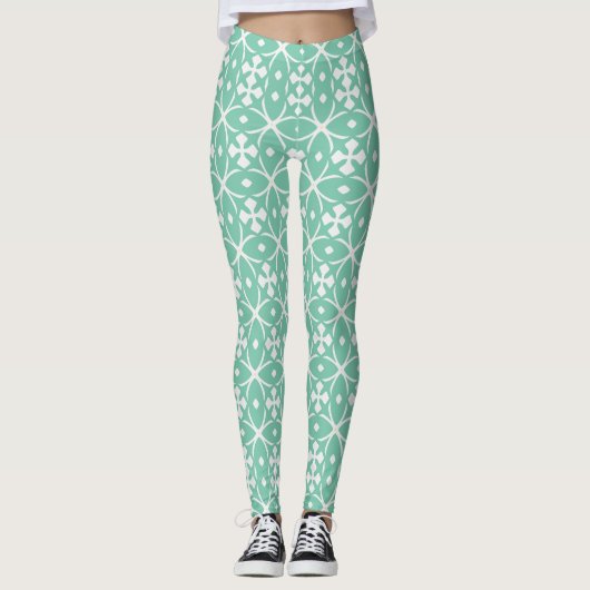 Mint Green Geometric Floral Leggings (Voorkant)