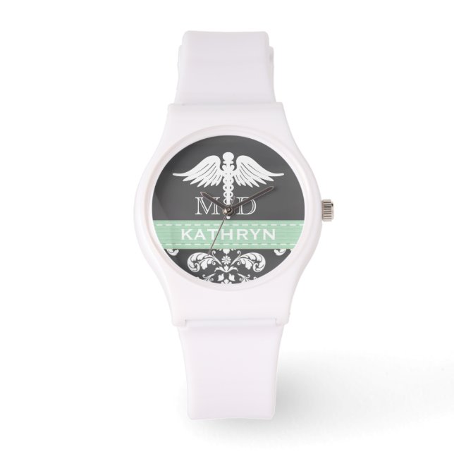 MINT GREEN GEPERSONALISEERDE DOKTER CADUCEUS CHALK HORLOGE (Voorkant)