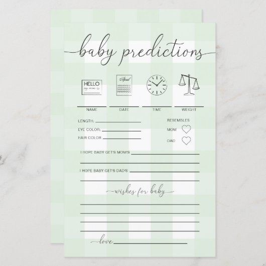 Mint Green Gingham Baby Predictions Game (Voorkant / Achterkant)