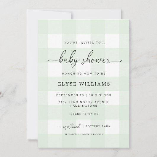 Mint Green Gingham Baby shower Invitation Kaart (Voorkant)
