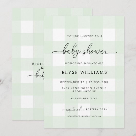 Mint Green Gingham Baby shower Invitation Kaart (Voorkant / Achterkant)