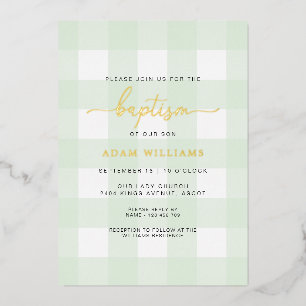 Mint Green Gingham Baptism Gold Foil Invitation Folie Uitnodiging