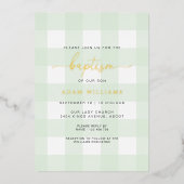 Mint Green Gingham Baptism Gold Foil Invitation Folie Uitnodiging (Voorkant)
