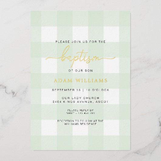 Mint Green Gingham Baptism Gold Foil Invitation Folie Uitnodiging (Voorkant)