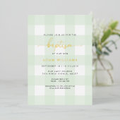 Mint Green Gingham Baptism Gold Foil Invitation Folie Uitnodiging (Staand Voorkant)