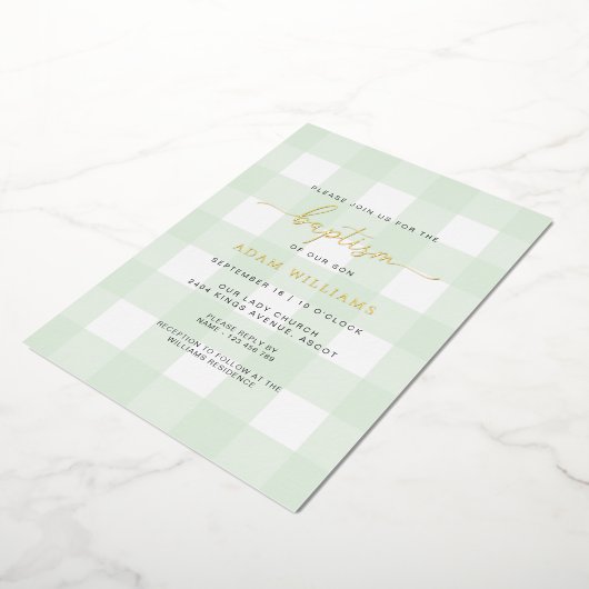 Mint Green Gingham Baptism Gold Foil Invitation Folie Uitnodiging (Gedraaid)