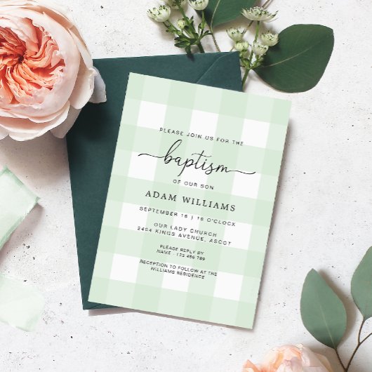 Mint Green Gingham Baptism Invitation Kaart