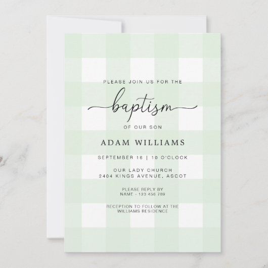 Mint Green Gingham Baptism Invitation Kaart (Voorkant)