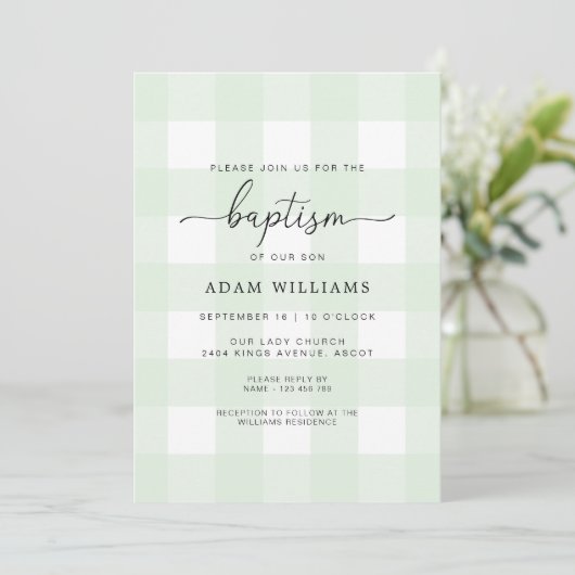 Mint Green Gingham Baptism Invitation Kaart (Staand voorkant)