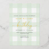 Mint Green Gingham Birthday Gold Foil Uitnodiging (Voorkant)
