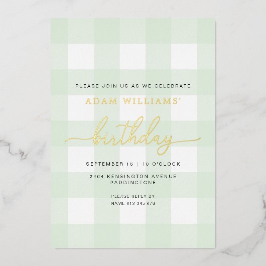 Mint Green Gingham Birthday Gold Foil Uitnodiging (Voorkant)
