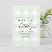 Mint Green Gingham Birthday Invitation Kaart (Staand voorkant)