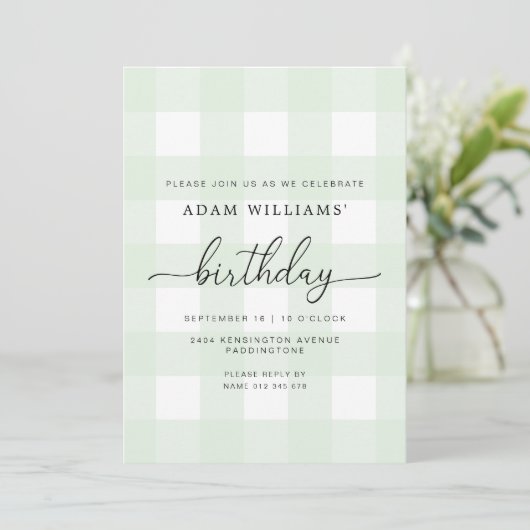 Mint Green Gingham Birthday Invitation Kaart (Staand voorkant)