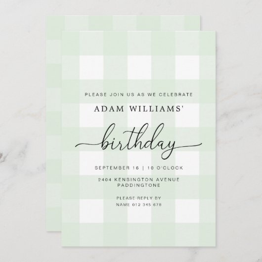 Mint Green Gingham Birthday Invitation Kaart (Voorkant / Achterkant)