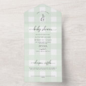 Mint Green Gingham Bunny Rabbit Baby shower All In One Uitnodiging (Binnen)
