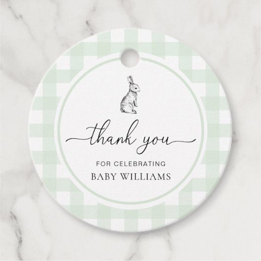 Mint Green Gingham Bunny Rabbit Baby shower Bedankjes Labels (Voorkant)