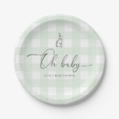 Mint Green Gingham Bunny Rabbit Baby shower Papieren Bordje (Voorkant)