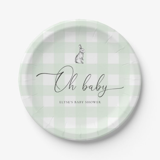 Mint Green Gingham Bunny Rabbit Baby shower Papieren Bordje (Voorkant)