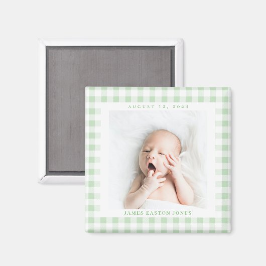 Mint Green Gingham Check Baby Birthdate Magnet (Voorkant / Achterkant)