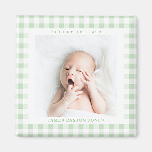 Mint Green Gingham Check Baby Birthdate Magnet (Voorkant)