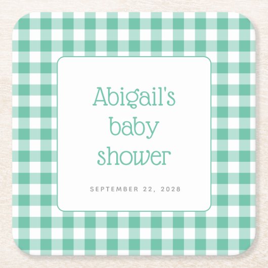 Mint Green Gingham Check Rustiek Baby shower Kartonnen Onderzetters (Voorkant)