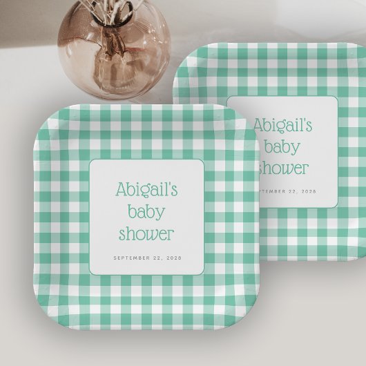 Mint Green Gingham Check Rustiek Baby shower Papieren Bordje