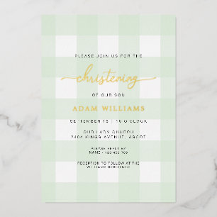 Mint Green Gingham Christening Folie Uitnodiging