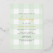 Mint Green Gingham Christening Folie Uitnodiging (Voorkant)