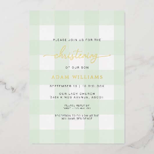 Mint Green Gingham Christening Folie Uitnodiging (Voorkant)