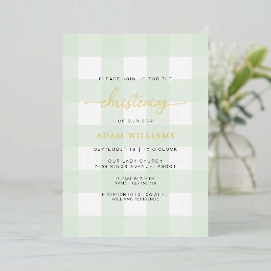 Mint Green Gingham Christening Folie Uitnodiging (Staand Voorkant)