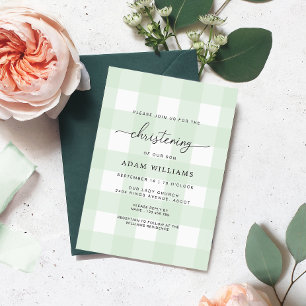 Mint Green Gingham Christening Uitnodiging