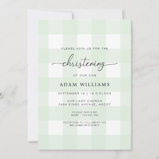 Mint Green Gingham Christening Uitnodiging (Voorkant)