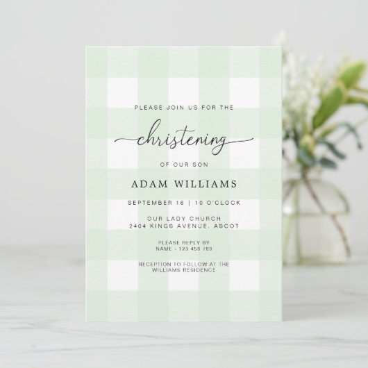 Mint Green Gingham Christening Uitnodiging (Staand voorkant)