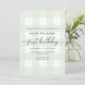 Mint Green Gingham First Birthday Invitation Kaart (Staand voorkant)