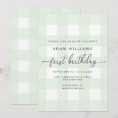 Mint Green Gingham First Birthday Invitation Kaart (Voorkant / Achterkant)