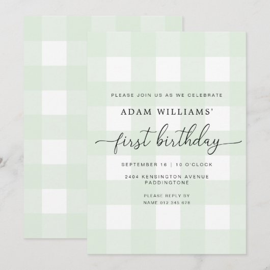 Mint Green Gingham First Birthday Invitation Kaart (Voorkant / Achterkant)